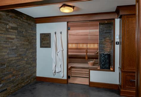 Custom Finnleo Sauna With Himalaya Heater And Stone Wall Modern