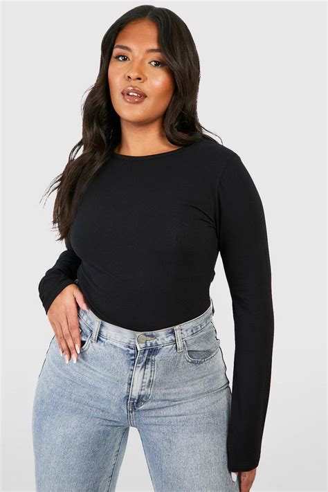 Black Plus Basic Cotton Long Sleeve Bodysuit Boohoo Uk