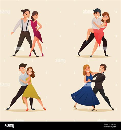 Parejas De Baile Iconos De Dibujos Animados Retro Con Tango Vals Y