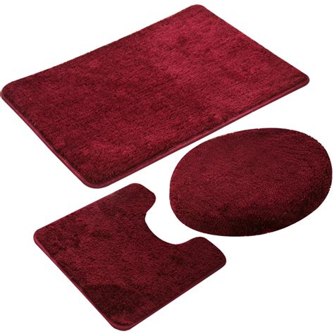 3 Piece Bath Rug Set Burgundy Non Slip Solid Pattern Bathroom Rug 20