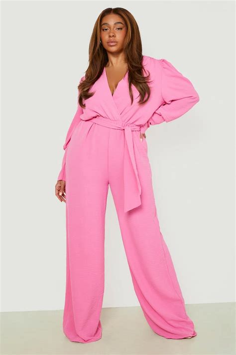 Plus Woven Puff Sleeve Belted Taper Jumpsuit Boohoo Uk