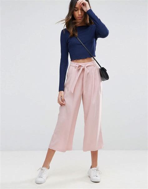 Asos Tailored Culotte With Tie Waist In Crepe Pink Pink Culottes Trousers Women Pink Pants