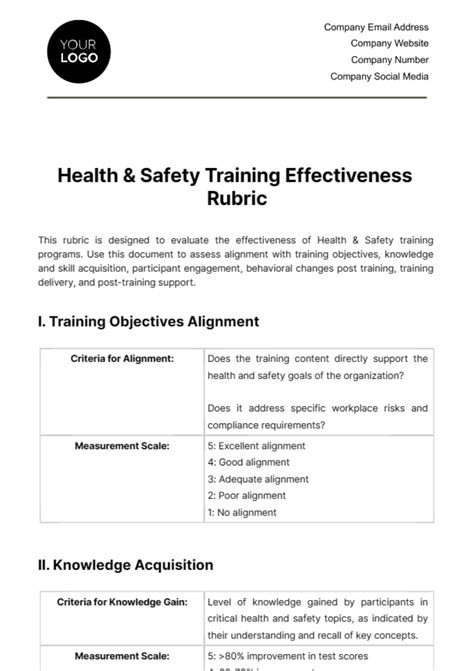 Free Health And Safety Training Effectiveness Rubric Template Edit Online And Download