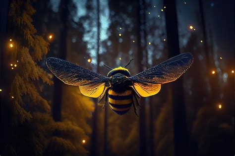 Una Abeja Volando En El Bosque Con Las Luces Encendidas Foto Premium