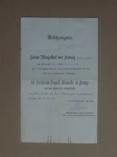 Urkunde Friedrich August Medaille In Bronze Ir Sachsen