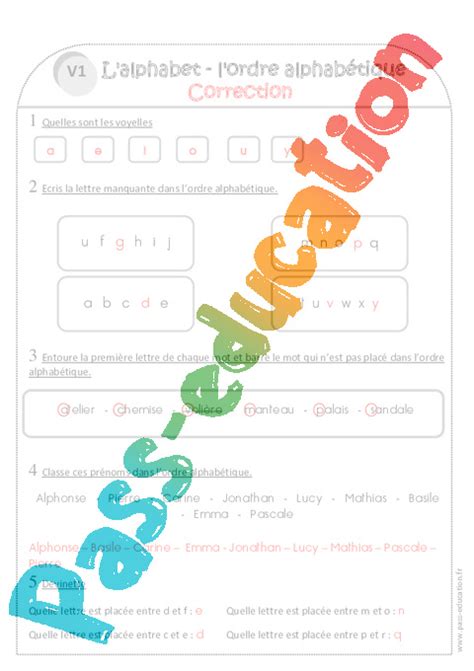 Ordre Alphab Tique Alphabet Ce Exercices Avec Correction Pdf