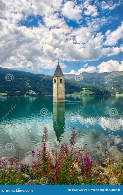 Bell Tower of the Reschensee Resia South Tyrol Italy Stock Image - Image of adige, historic ...