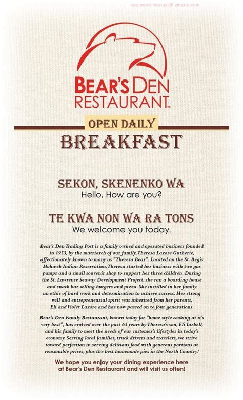 Online Menu of Bears Den Restaurant Restaurant, Hogansburg, New York ...