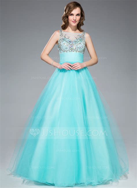 Ball Gown Scoop Neck Floor Length Tulle Prom Dress With Beading Sequins