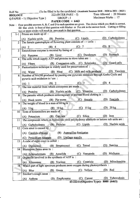 Biology Th Class Bise Lahore Board Past Paper Annual Group