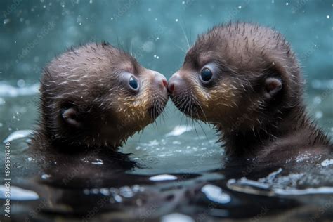 baby otters floating in the ocean, holding hands and looking into each other's eyes, created ...