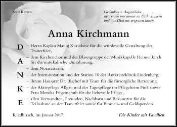 Traueranzeigen von Anna Kirchmann Allgäuer Zeitung