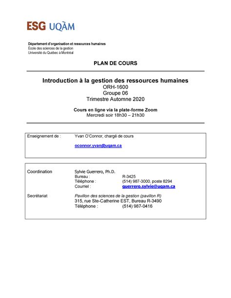 Plan De Cours Plan De Cours Introduction La Gestion Des Ressources