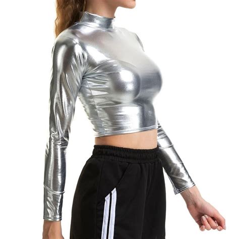 Dazzling Metallic Colors Women Basic Tee Shirt Fashion Turtleneck Long