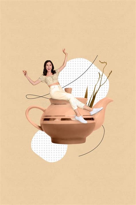 Vertical Collage Picture Of Overjoyed Positive Mini Girl Sit Huge Tea