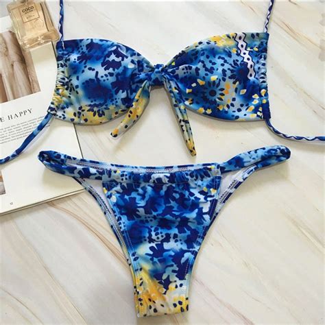 2018 Women Sexy Bikini Ladies Bandage Floral Printed Swimwears Female Halter Bikinis Set