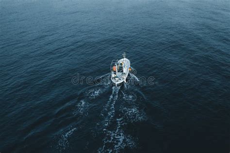 Aerial Top View of Fishing Boat in Mediterranean Sea. Drone Photo Stock ...