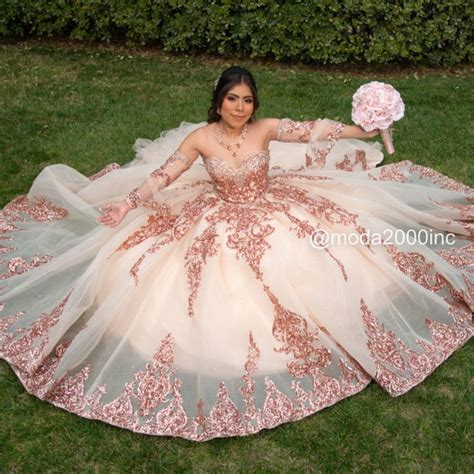 Off The Shoulder Bell Sleeved Rose Gold Quinceañera Dress Quinceanera