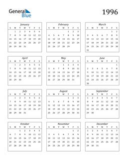 1996 Calendar (PDF, Word, Excel)