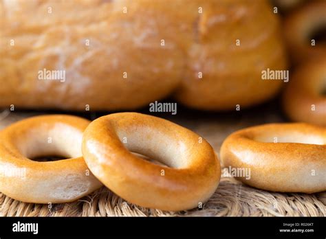 Loaf Of White Wheat Bread Bagels And Buns Close Up Home Bakery