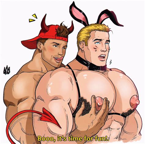 Rule 34 Bunny Ears Devil Horns Devil Tail Dialogue English Text Gay Horny Male Licking Lips