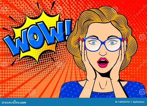 Pop Art Surprised Female Face With Open Mouth Comic Blonde Woman In