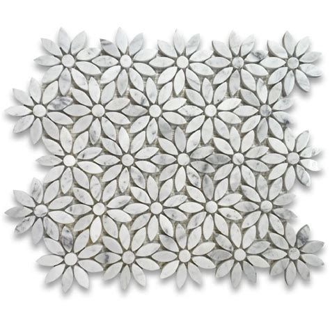 Carrara White Marble Daisy Flower Pattern Mosaic Tile Polished