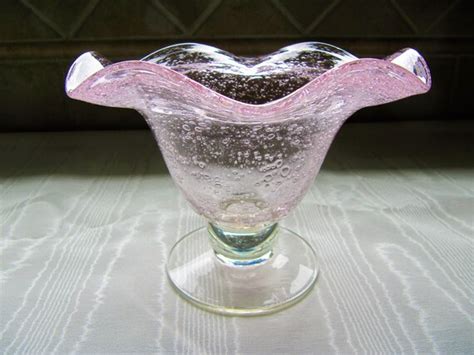 Vintage Pink Bubble Glass Compote Ruffled Glass Candy Dish Etsy