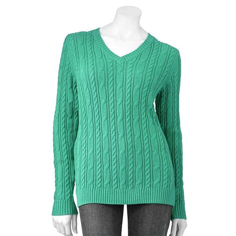 Croft And Barrow Teal Green Extra Small Womens Long Sleeves Cableknit V