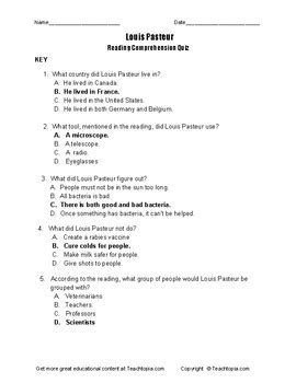 Benchmark Advance Reading Comprehension Quiz Rd Grade Louis Pasteur