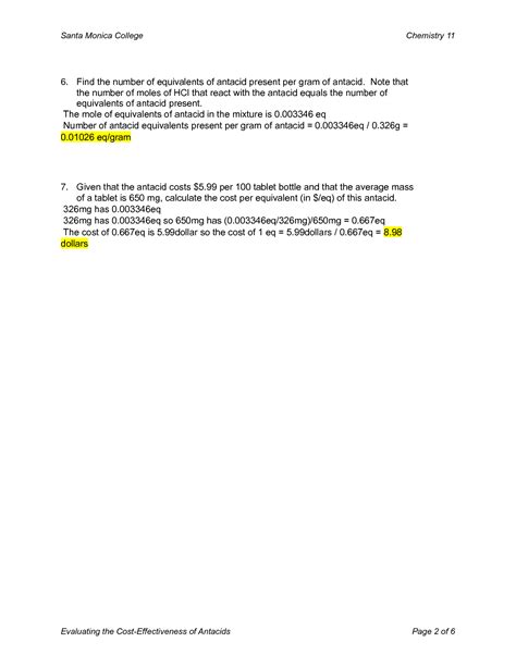 SOLUTION CHEM11 SMC Evaluating The Cost Effectiveness Of Antacids Lab