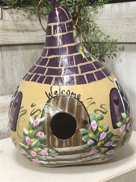 Country Rosebud Cottage Hand Painted Gourd Birdhouse Purple Etsy