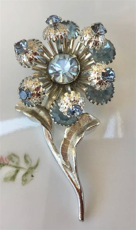 Vintage Pale Blue Rhinestone Flower Pin Brooch Floral Shabby Etsy