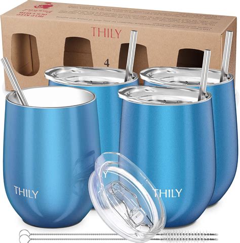 Stainless Steel Stemless Wine Glasses THILY 4 Pack Triple Vacuum