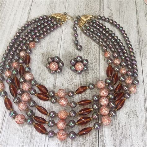 Vintage Mid Century Multi Strand Bead Necklace And Cl Gem