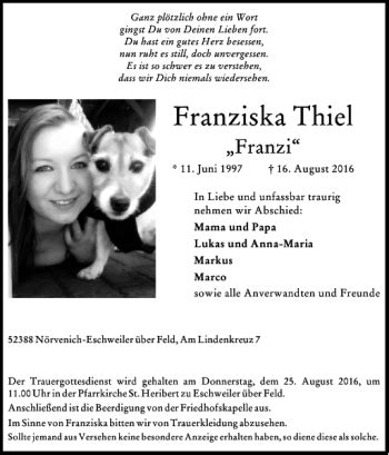 Traueranzeigen Von Franziska Thiel Aachen Gedenkt