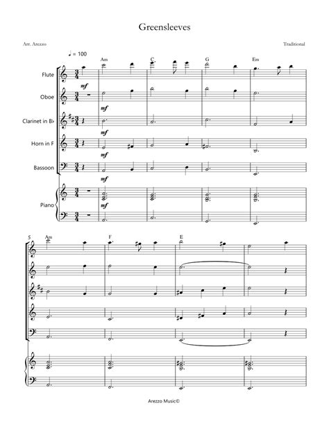 Greensleeves Woodwind Quintet With Piano Sheet Music Arr Arezzo Music By Traditional Music