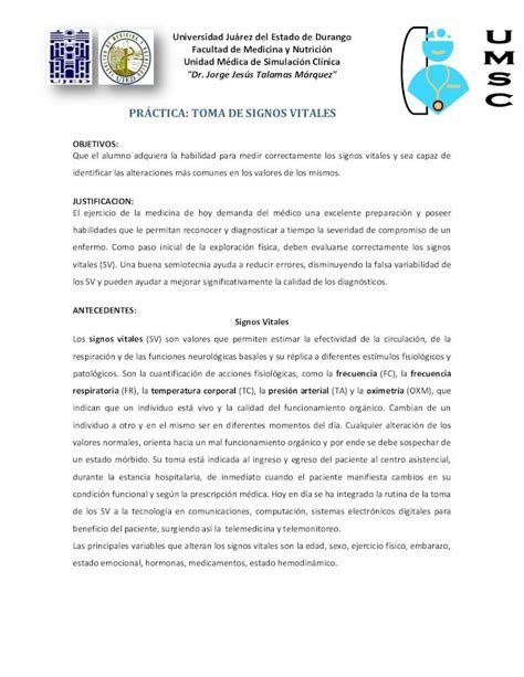 Pdf Pr Ctica Toma De Signos Vitales Famen Ujed Mxfamen Ujed Mx Doc