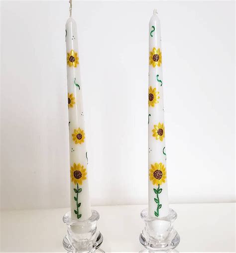 Hand Painted Sunflower Tapered Candles White Yellow Candle Etsy