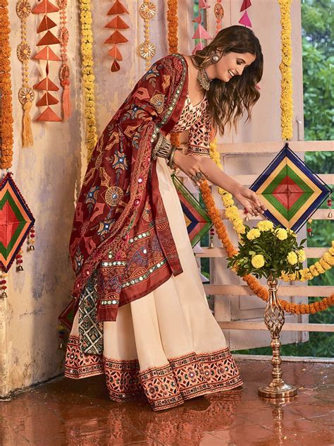 Women S Beige Maslin Cotton Embroidered Navratri Special Lehenga Myracouture Traditional