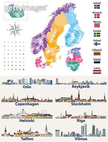 Vector Scandinavian And Baltic Countries Map With Flags And Cities