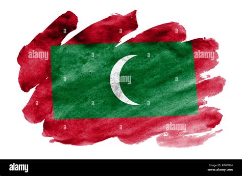 Maldives Flag Is Depicted In Liquid Watercolor Style Isolated On White