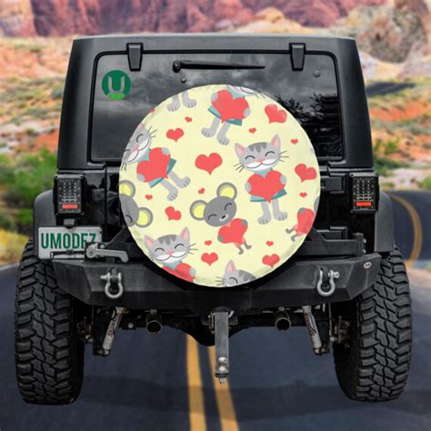 Cute Romantic Cat And Mouse With Red Heart Spare Tire Cover Jeep Tire