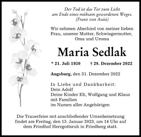 Traueranzeigen Von Maria Sedlak Augsburger Allgemeine Zeitung