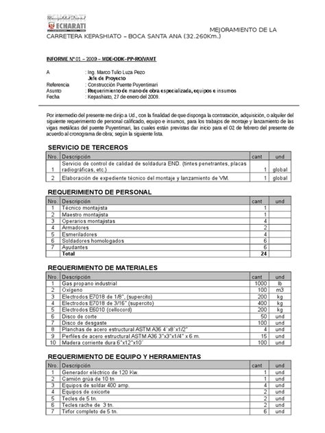 Informe Nº01 Requerimiento De Obra Pdf Acero Sustancias Químicas