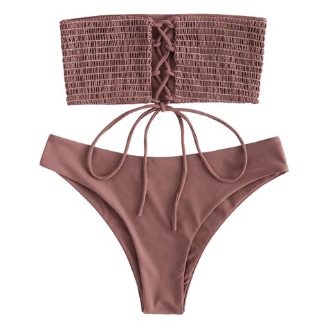 Zaful Lace Up Smocked Bandeau Bikini Set Women High Cut Bikini Swimwear