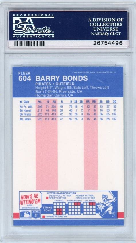 Fleer Barry Bonds Rookie Card Psa Hof Mvp Gem Mint Ebay