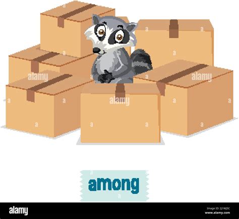 English Prepositions Raccoons Sit Among Boxes Illustration Stock Vector Image And Art Alamy