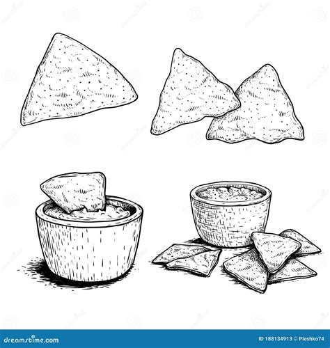 Nachos Sketch Style Set Single Group And With Sauce Nachos