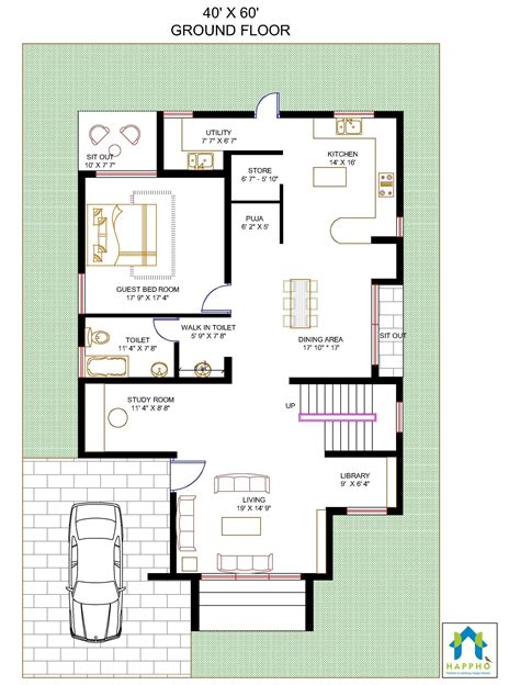 Floor Plan For 40 X 60 Feet Plot 92A | 2bhk house plan, 20x40 house ...